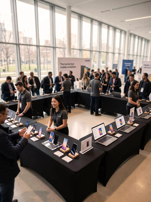 Technology showcase featuring multiple tables with laptops and smartphones in a bright, modern conference setting.