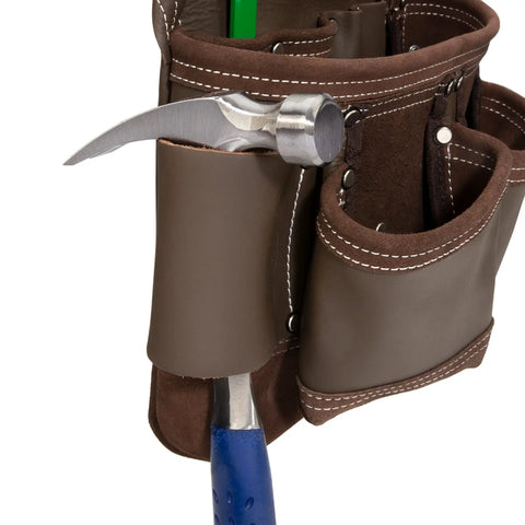 Nine Pocket Full Leather Framer Pouch Brown with Wet Formed Hammer Holder showing tool compartments and hammer in holder