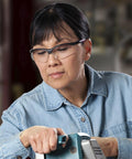 Lightweight Small Safety Glasses With Clear Anti Fog Lenses And Black Frame Pink Tips, Hassle Free Fit for woodworking task.