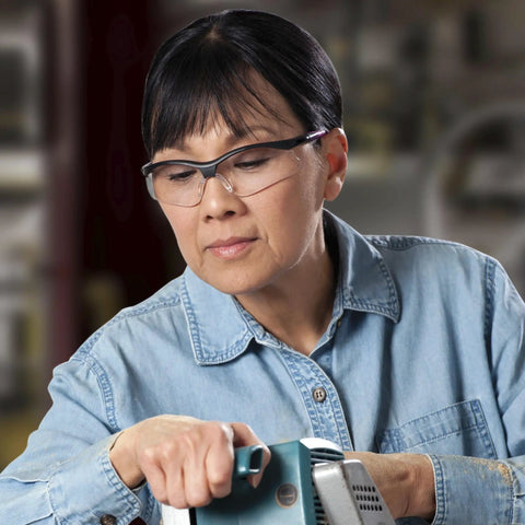 Lightweight Small Safety Glasses With Clear Anti Fog Lenses And Black Frame Pink Tips, Hassle Free Fit for woodworking task.