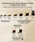 Chart showing cup sizes for Vertuo Up Coffee And Espresso Maker With Aeroccino Milk Frother By Breville, including iced options.