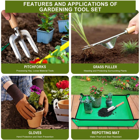 9 Piece Garden Tools Set For Women With Rust Proof Stainless Steel spades, transplanter, cultivators, gloves, and repotting mat in use