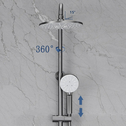 Exposed Shower System with Waterfall Tub Spout Rainfall Shower Set White features 360-degree adjustable head and adaptable hand shower.