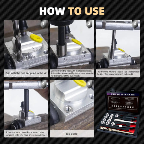 Instructional guide showing usage steps for M14X1.5 Thread Repair Kit with Stainless Steel Inserts, including drilling and tapping.