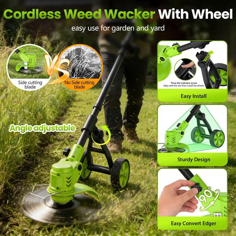 Cordless Weed Wacker With Wheels 4 In 1 Electric Weed Eater Brush Cutter Edger And Trimmer in use on lawn