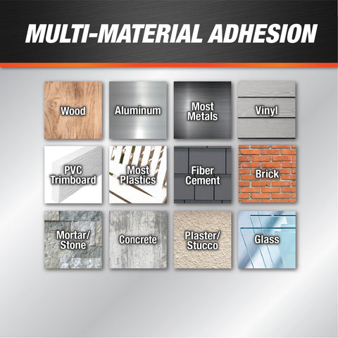 Image showing material types for adhesion: wood, aluminum, metals, vinyl, PVC trimboard, plastics, fiber cement, brick, mortar/stone, concrete, plaster/stucco, glass.
