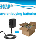 Must Have Replacement 6V DC 1A AC Power Adapter for Omron Blood Pressure Monitors 5 Series 7 Series 10 Series with Euro Plug UL Listed Replaces HEM ADPTW5 Compatible Omron Power Supply next to a box of batteries.