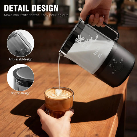 Person pouring milk from a Cafe Quality Home Coffee Bar 350ml Milk Frother And Steamer With Four Modes For Hot And Cold Foam Durable Nonstick Design Fast Heating into a cup