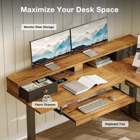 Rustic Brown 59 Inch L Shaped Electric Standing Desk With Drawers, showing monitor riser and keyboard tray setup.