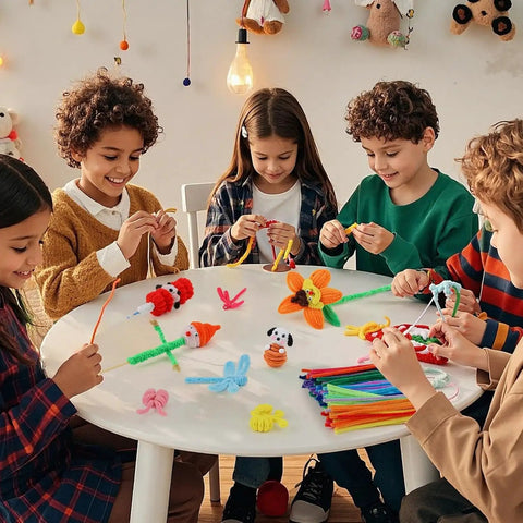 Multicolor Pipe Cleaners Chenille Stem Set 200 DIY Craft Supplies For Arts And Crafts School Projects And Festive Decor 10 Vibrant Colors With Soft Wire Cores And Durable Polyester Build, kids crafting at table