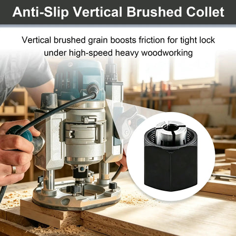 Heavy Duty Router Collet Set Packing 1/2 And 1/4 Inch Bushings For Weekend Warriors And Tool Shed Pros ALike shown in use with an anti-slip brushed finish.