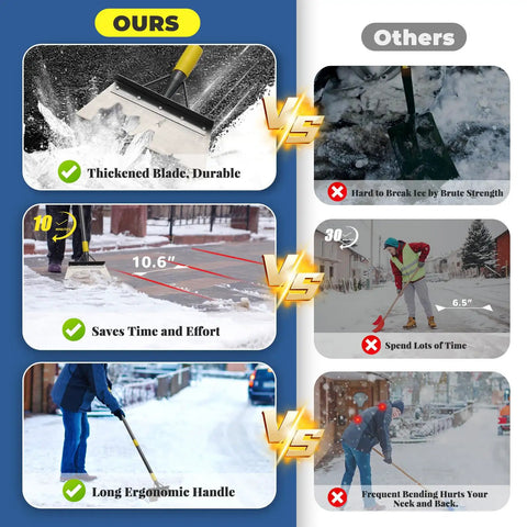 Comparison of Long Handle Floor Scraper And All Season Garden Cleaning Tool with competitors; shows durability, size, and ergonomic handle on snow.