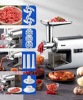 Heavy Duty Electric Meat Grinder Crushing Tough Cuts Up To Five Pounds A Minute, featuring 304 stainless steel and metal gears.