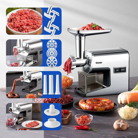 Heavy Duty Electric Meat Grinder Crushing Tough Cuts Up To Five Pounds A Minute, featuring 304 stainless steel and metal gears.