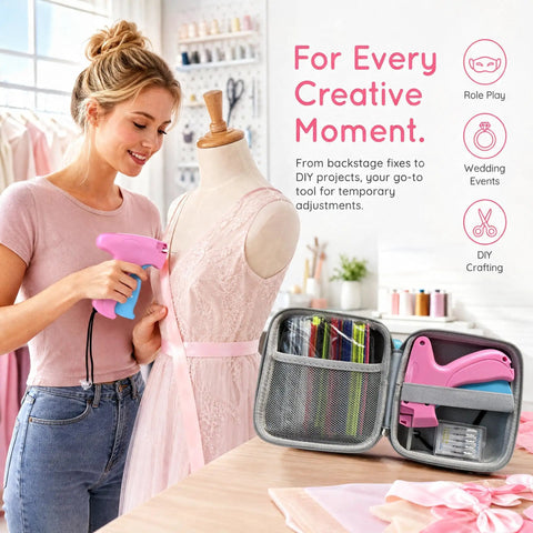 Skip The Sewing Machine For This Game Changer No Sew Stitch Gun making snaps on a dress, with toolkit showing colorful snap fasteners.