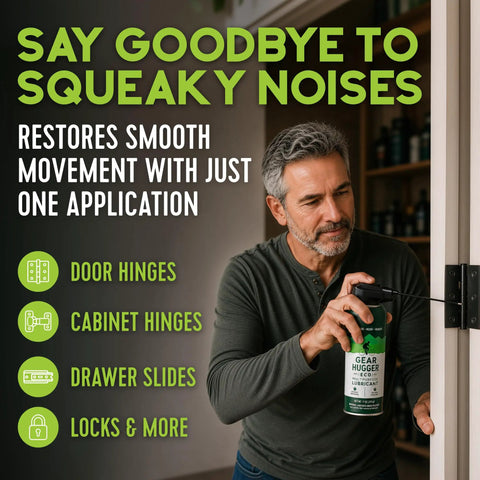 Man using Eco Friendly Multipurpose Lubricant Spray 11 Oz for garage doors and hinges to quiet squeaks