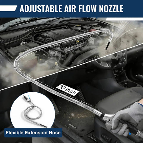 High Pressure Air Blow Gun With 39 Inch Flexible Extension Hose And Adjustable Rotating Nozzle clearing dust from car engine.