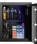 Open Fingerprint Safe Box For Home And Office with Fast Biometric Access, showing handgun rack, ammo, and storage shelves.