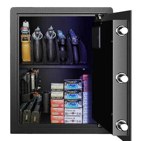Open Fingerprint Safe Box For Home And Office with Fast Biometric Access, showing handgun rack, ammo, and storage shelves.