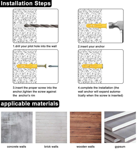 Installation steps for 230 Piece Drywall Anchors And Screws Kit With Plastic Wall Plugs In Five Sizes And Three Colors