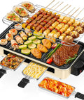 Smokeless Electric Indoor Grill 1500W 2 In 1 With Nonstick Removable Grill And Griddle Plate cooking skewers and vegetables.