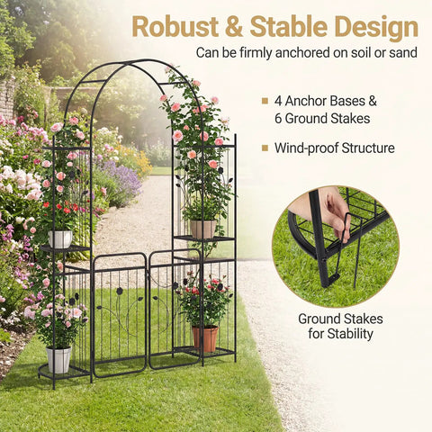 87 Inch Metal Garden Arch With Lockable Gate And Side Shelves Built Tough Arbor Trellis For Climbing Plants Outdoors Includes 6 Ground Stakes Decorative Entrance Archway For Patio And Lawn Black in garden setting with climbing plants and stability stakes.