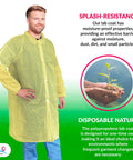 Person wearing Yellow Disposable Lab Coats For Adults XL, 50 Pack, Knee Length, No Pockets, Elastic Wrists, Hook And Loop Closure