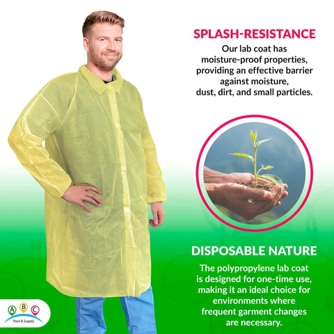 Person wearing Yellow Disposable Lab Coats For Adults XL, 50 Pack, Knee Length, No Pockets, Elastic Wrists, Hook And Loop Closure