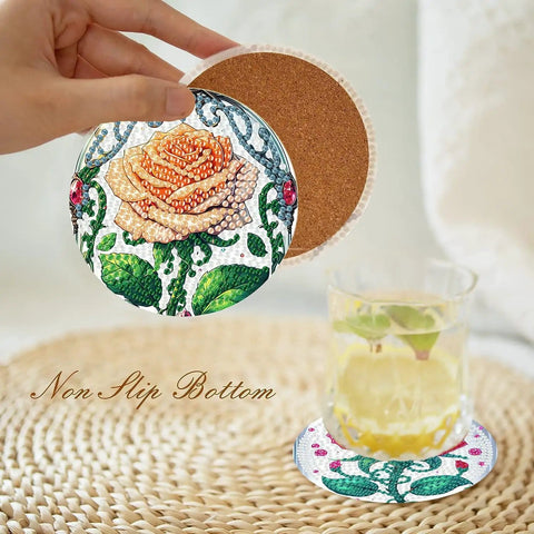 Front view of a coaster from the Diamond Art Coasters Kit For Adults Eight Piece Rose Diamond Painting Coaster Set With Holder