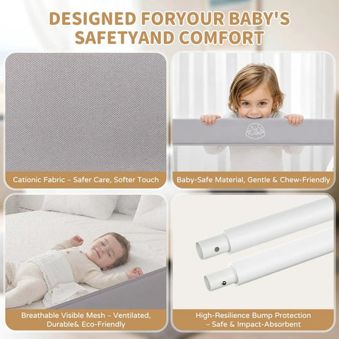 Toddler Bed Rail Guard, 47 Inch Foldable Bed Rail For Baby, showcasing breathable cationic fabric and high-resilience bump protection