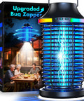Cordless Outdoor Bug Zapper 4200V 5 In 1 Mosquito Killer With 5000mAh Battery next to its packaging showing patio use.
