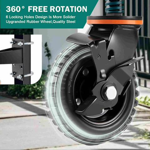 Close-up of 2 Pack Six Inch Gate Wheel With Brake Built Tough Heavy Duty Fence Wheel 360 Degree Swivel With Spring Shock Absorption 1000 Pound Capacity All Terrain Rubber Tire And Metal Bracket For Sliding Farm Garden Gates showing wheel and bracket details.