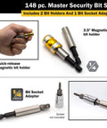 148 Piece Master Security Bit Set with Magnetic Bit Holder Quick Release Bit Holder and One Fourth Inch Drive Socket Adapter