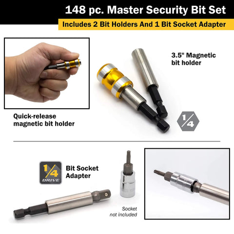 148 Piece Master Security Bit Set with Magnetic Bit Holder Quick Release Bit Holder and One Fourth Inch Drive Socket Adapter