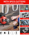 Powerhouse Electric Drain Auger With Auto Feed Design Tough As Nails 75 Foot Steel Cable Sewer Snake in use with five cutters