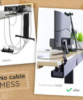 Before and after using set of 4 no-screw under desk cable management trays with self-adhesive install, tidy cords white finish
