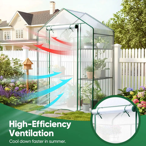 Walk In Outdoor Greenhouse 56 x 29 x 77 Inch Portable Garden Hot House Kit With 3 Tier 4 Shelf Design And Clear Plastic Cover in backyard