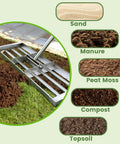 Stainless Steel Lawn Leveling Rake with 72 Inch Two Section Handle, shown leveling topsoil in a garden using a U-shape handle.