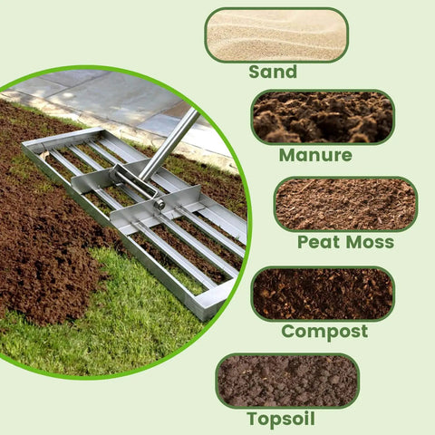 Stainless Steel Lawn Leveling Rake with 72 Inch Two Section Handle, shown leveling topsoil in a garden using a U-shape handle.