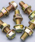 Heavy Duty Set Of Five Exhaust Serrated Flange Spin Lock Nuts And Bolts M10 X 33mm on a gray background, showcasing a detailed view.