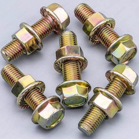 Heavy Duty Set Of Five Exhaust Serrated Flange Spin Lock Nuts And Bolts M10 X 33mm on a gray background, showcasing a detailed view.