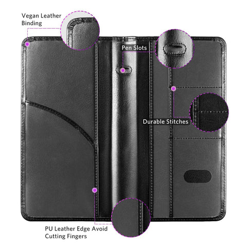 Car Registration And Insurance Holder With Magnetic Closure Slim PU Leather Vehicle Glove Box Organizer interior features pen slots and durable stitches.