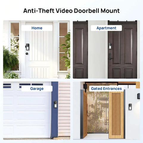 No Drill Doorbell Mount Anti Theft Holder For Video Doorbells With 3 Way Adjustable Base installed on doors in various settings