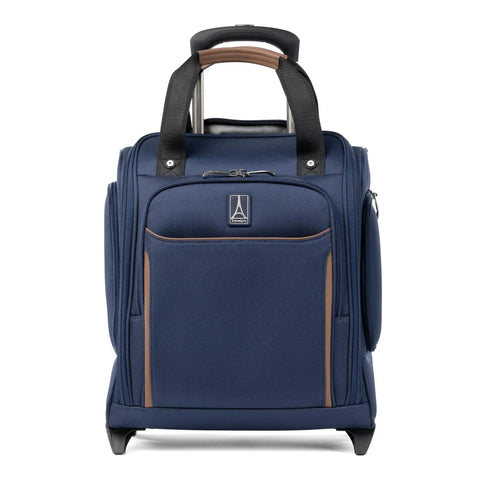 Front view of the Underseat Carry-On Softside Luggage Road-Ready, Patriot Blue, with water-resistant pocket and 14-inch laptop sleeve.