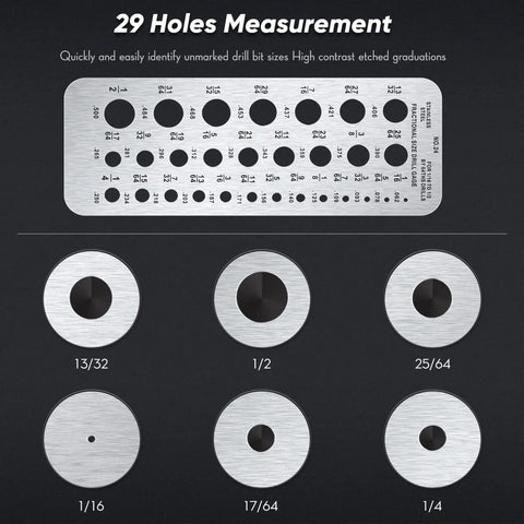 Stainless Steel Drill Gauge 29-Hole For Inches Fractions Decimals, Measures 1/16 To 1/2 Inch Drill Bits And 17/64 To 1/2 Inch Bolt Wire Diameters