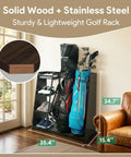 Golf Bag Storage Organizer For Garage Holds Two Golf Bags With Ball Storage Basket in espresso wood and stainless steel.