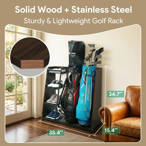 Golf Bag Storage Organizer For Garage Holds Two Golf Bags With Ball Storage Basket in espresso wood and stainless steel.