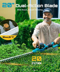 User trimming hedges with Two In One Electric Hedge Trimmer With Telescopic Pole And Twenty Inch Dual Action Blade Cordless