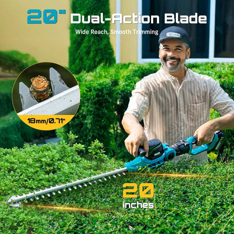 User trimming hedges with Two In One Electric Hedge Trimmer With Telescopic Pole And Twenty Inch Dual Action Blade Cordless
