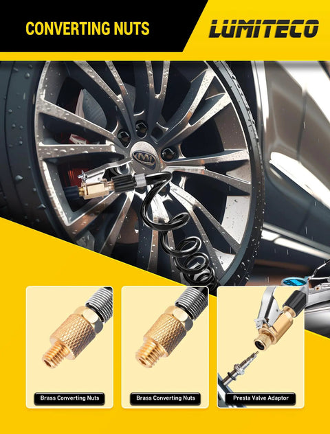 Slick 9.8 Ft Recoil Air Hose Extension With Clip On Chuck And Presta Valve Connector For Air Compressor Tire Inflator Pump Setup Gonna Flow Straight Up Reliable And Handle Any Job No Sweat displayed with brass converting nuts and presta valve adapter.
